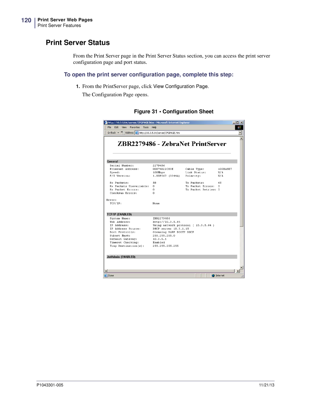 Zebra Technologies P1043301-005 manual Print Server Status, 120 