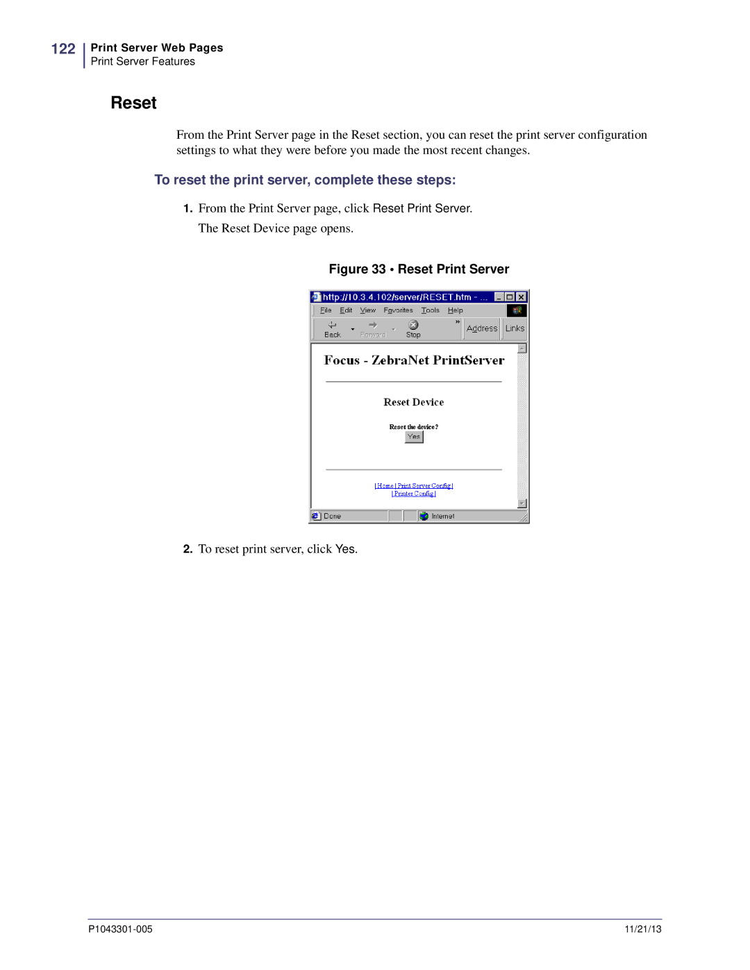Zebra Technologies P1043301-005 manual Reset, 122, To reset the print server, complete these steps 