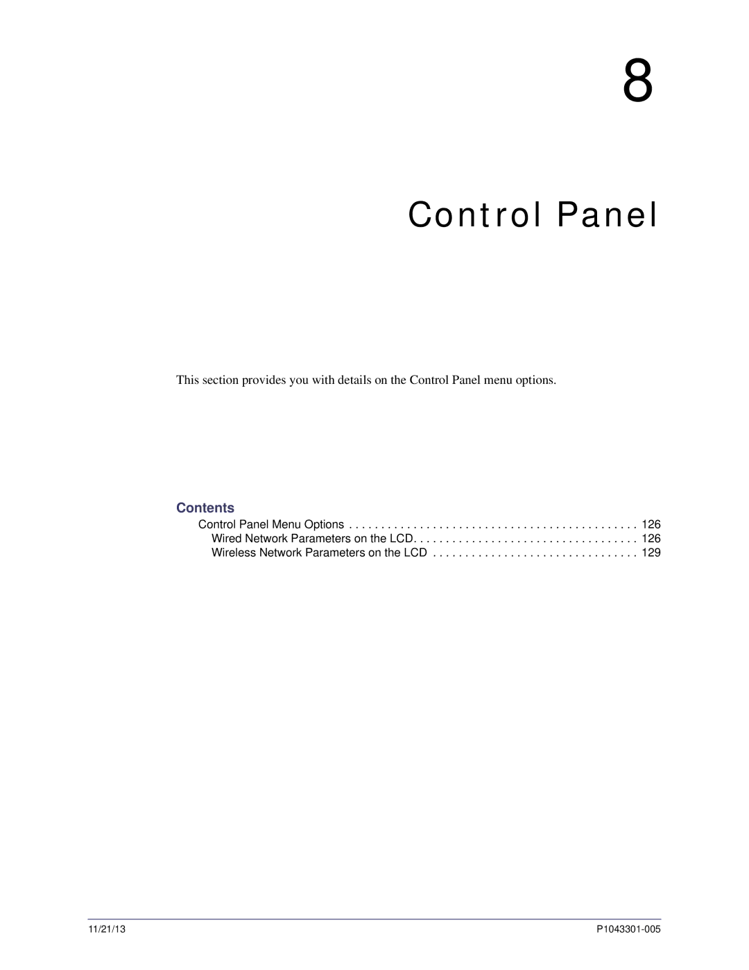 Zebra Technologies P1043301-005 manual Control Panel, Contents 