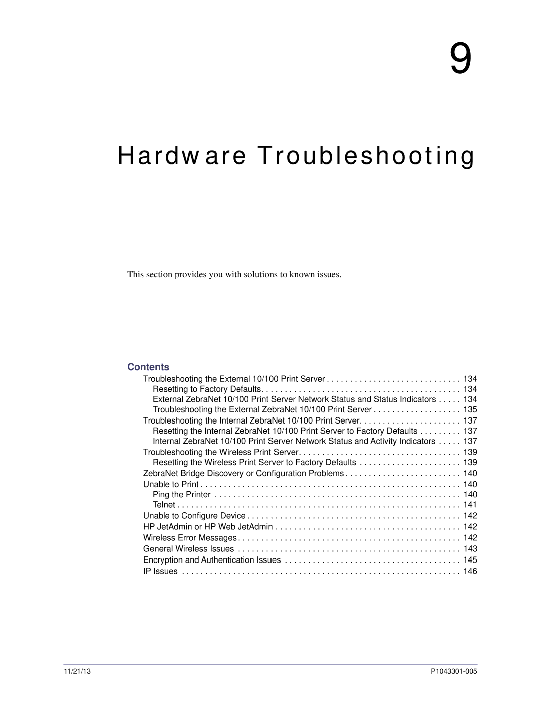 Zebra Technologies P1043301-005 manual Hardware Troubleshooting, Contents 