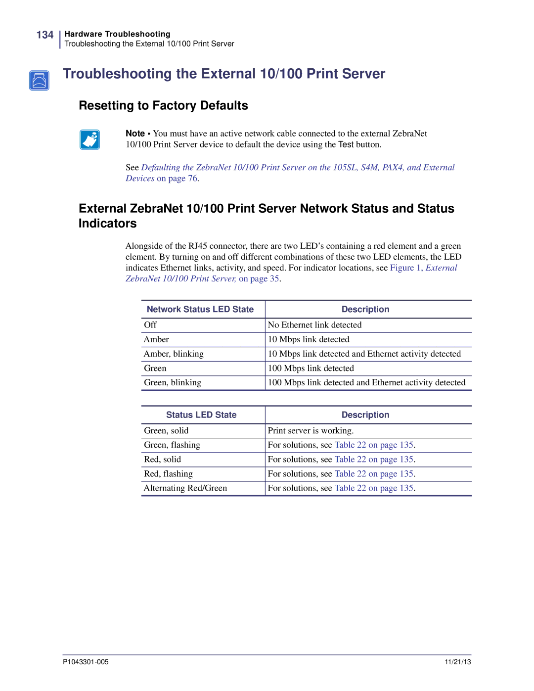 Zebra Technologies P1043301-005 manual Troubleshooting the External 10/100 Print Server, Resetting to Factory Defaults, 134 