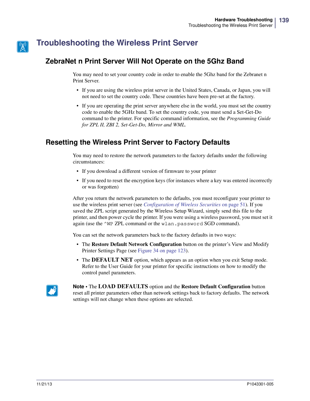 Zebra Technologies P1043301-005 manual Troubleshooting the Wireless Print Server, 139 