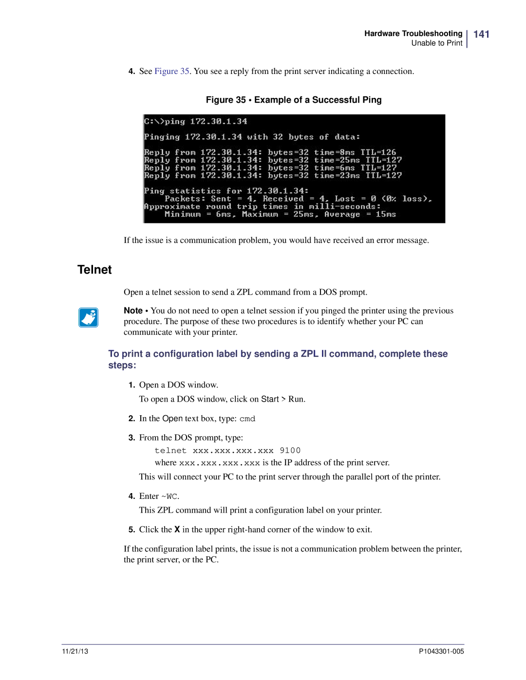 Zebra Technologies P1043301-005 manual Telnet, 141 