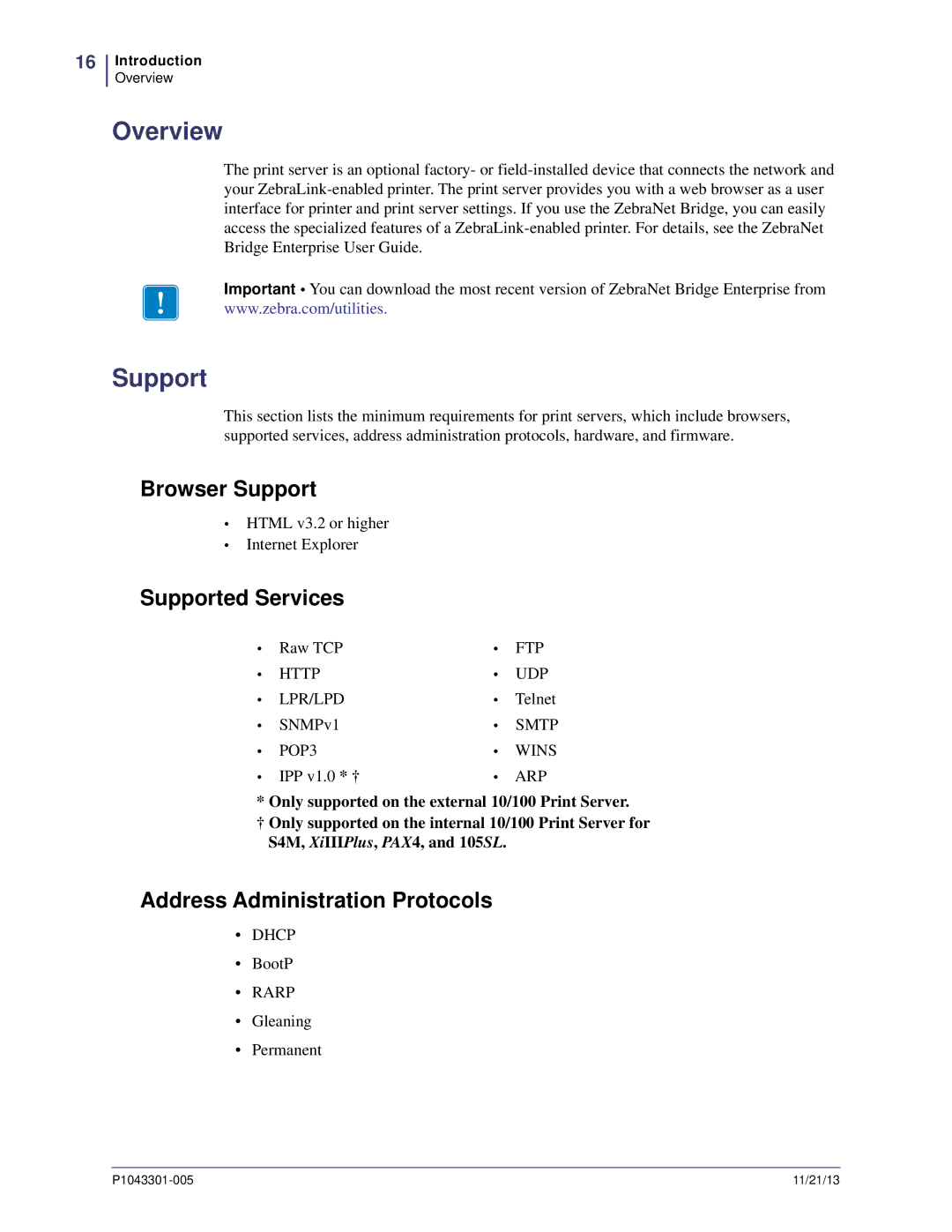 Zebra Technologies P1043301-005 manual Overview, Browser Support, Supported Services, Address Administration Protocols 