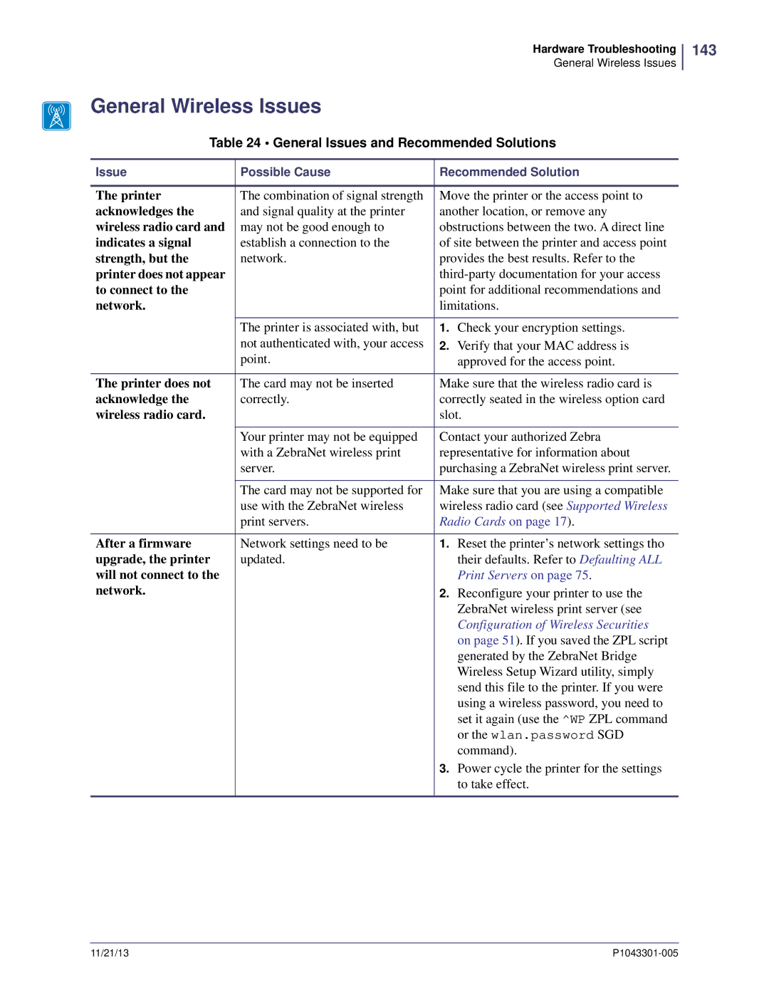 Zebra Technologies P1043301-005 manual General Wireless Issues, 143, General Issues and Recommended Solutions 