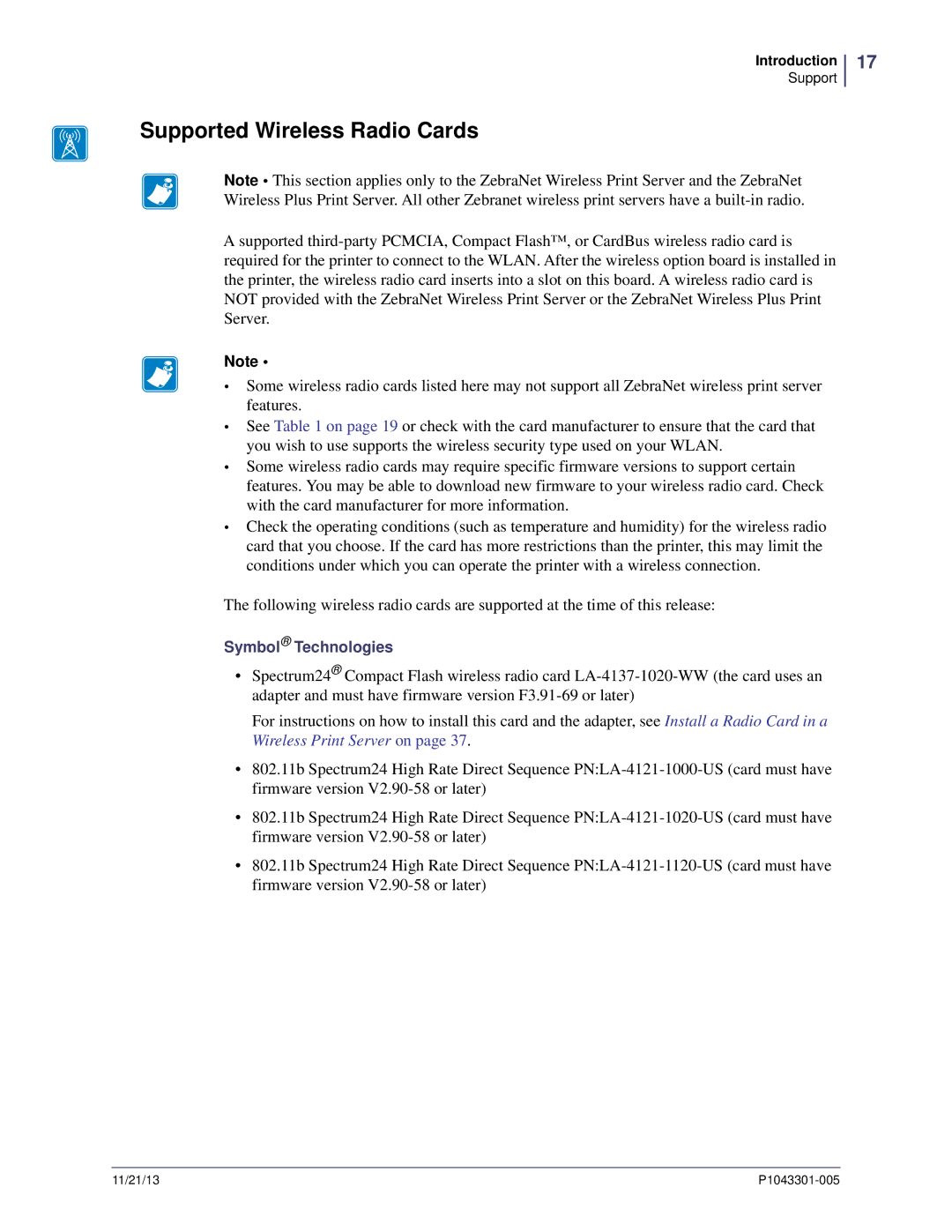 Zebra Technologies P1043301-005 manual Supported Wireless Radio Cards 