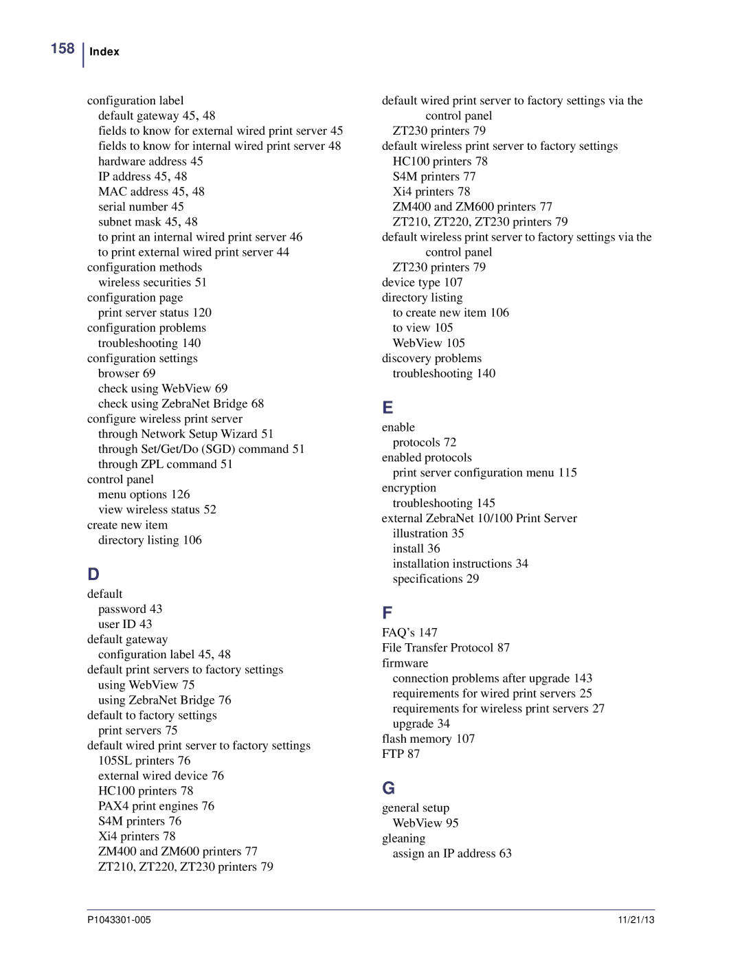 Zebra Technologies P1043301-005 manual Index 