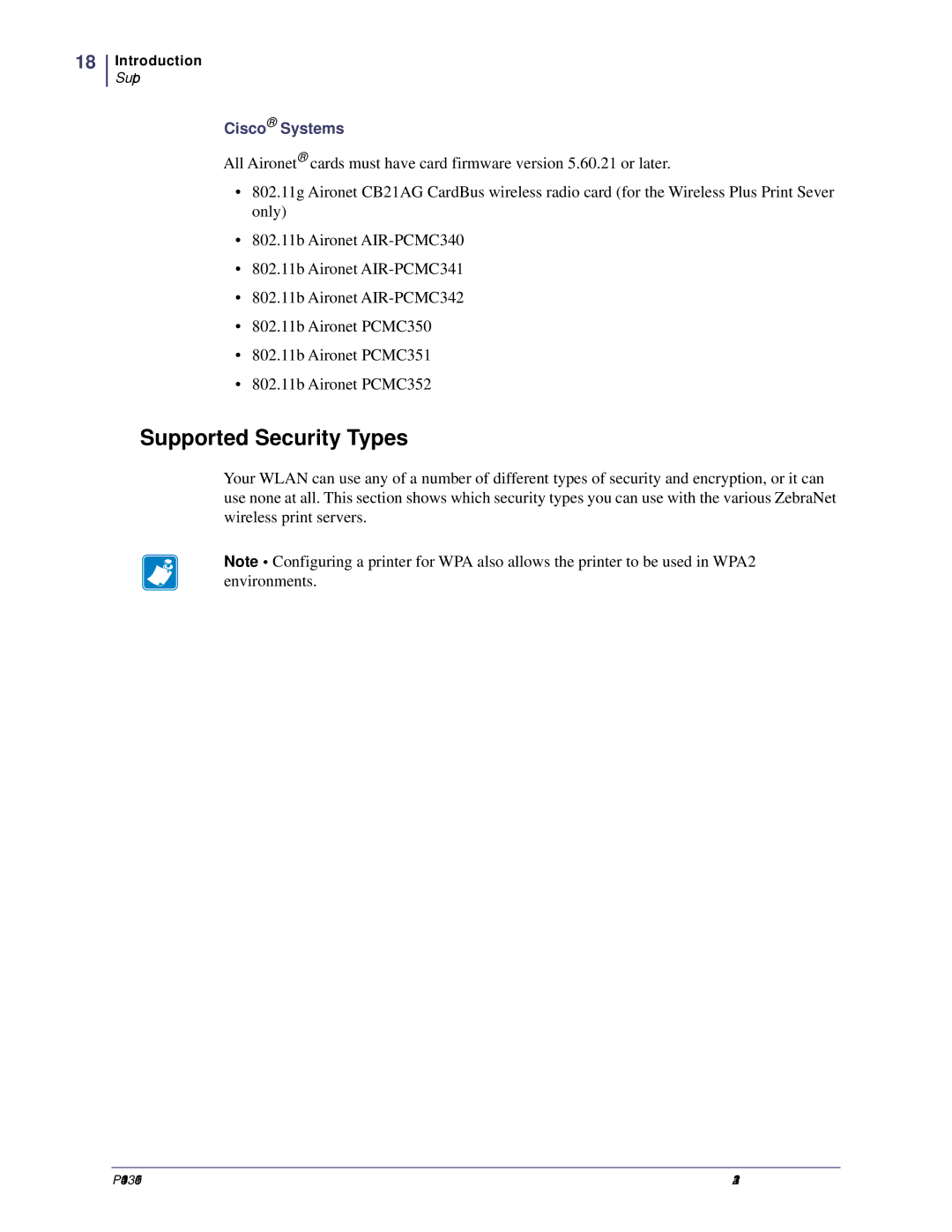 Zebra Technologies P1043301-005 manual Supported Security Types 