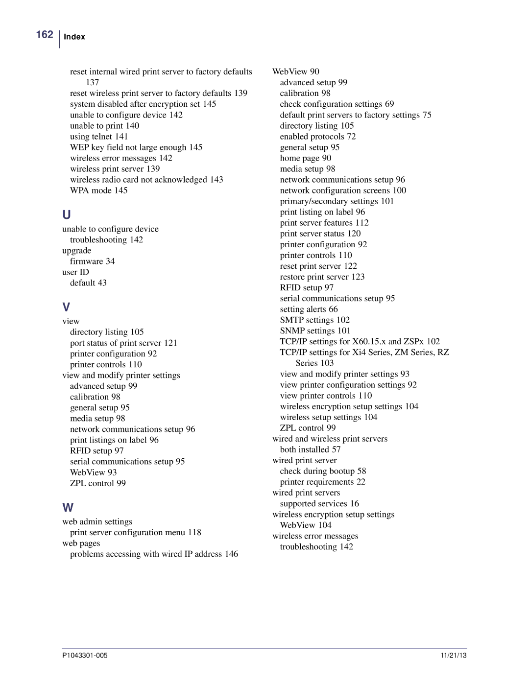 Zebra Technologies P1043301-005 manual Index 