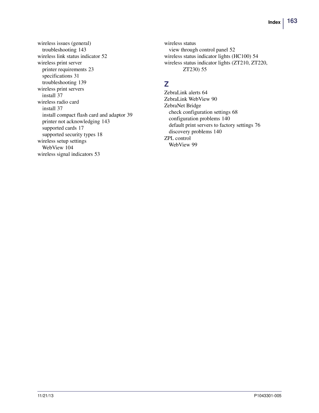 Zebra Technologies P1043301-005 manual Index 