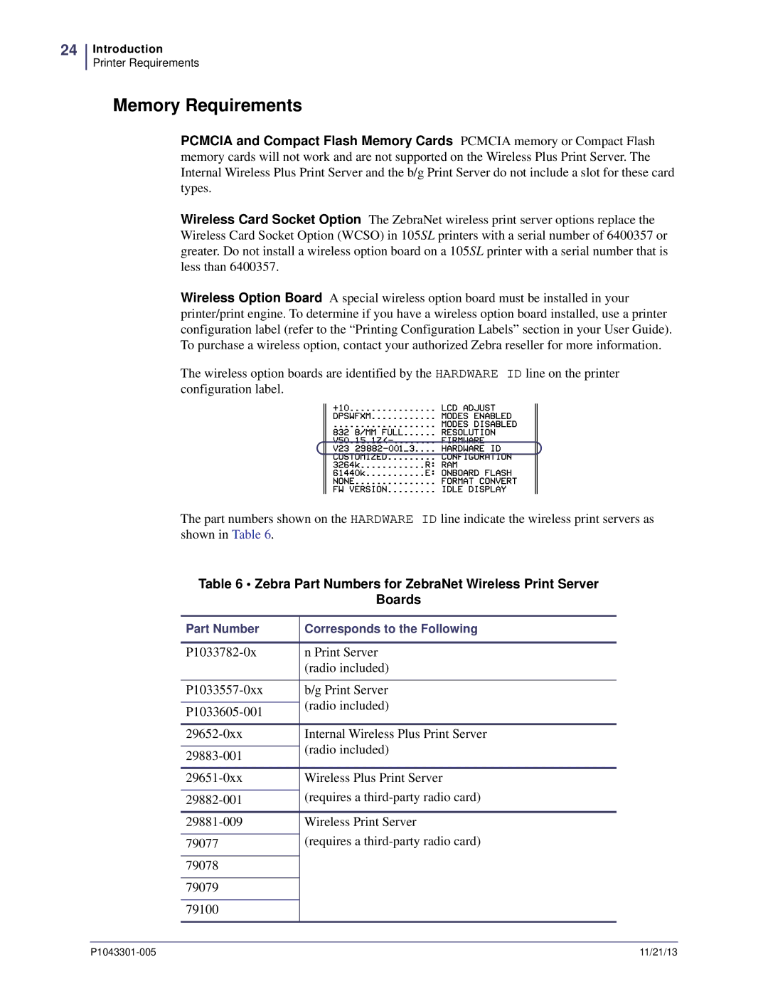 Zebra Technologies P1043301-005 manual Memory Requirements, Zebra Part Numbers for ZebraNet Wireless Print Server Boards 