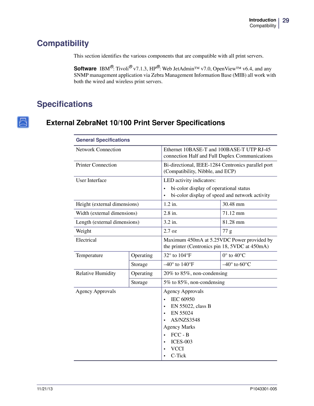 Zebra Technologies P1043301-005 manual Compatibility, External ZebraNet 10/100 Print Server Specifications 