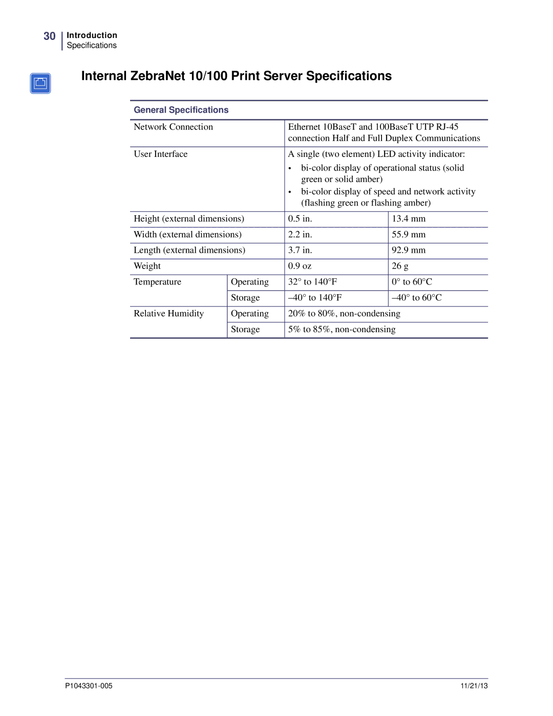 Zebra Technologies P1043301-005 manual Internal ZebraNet 10/100 Print Server Specifications 