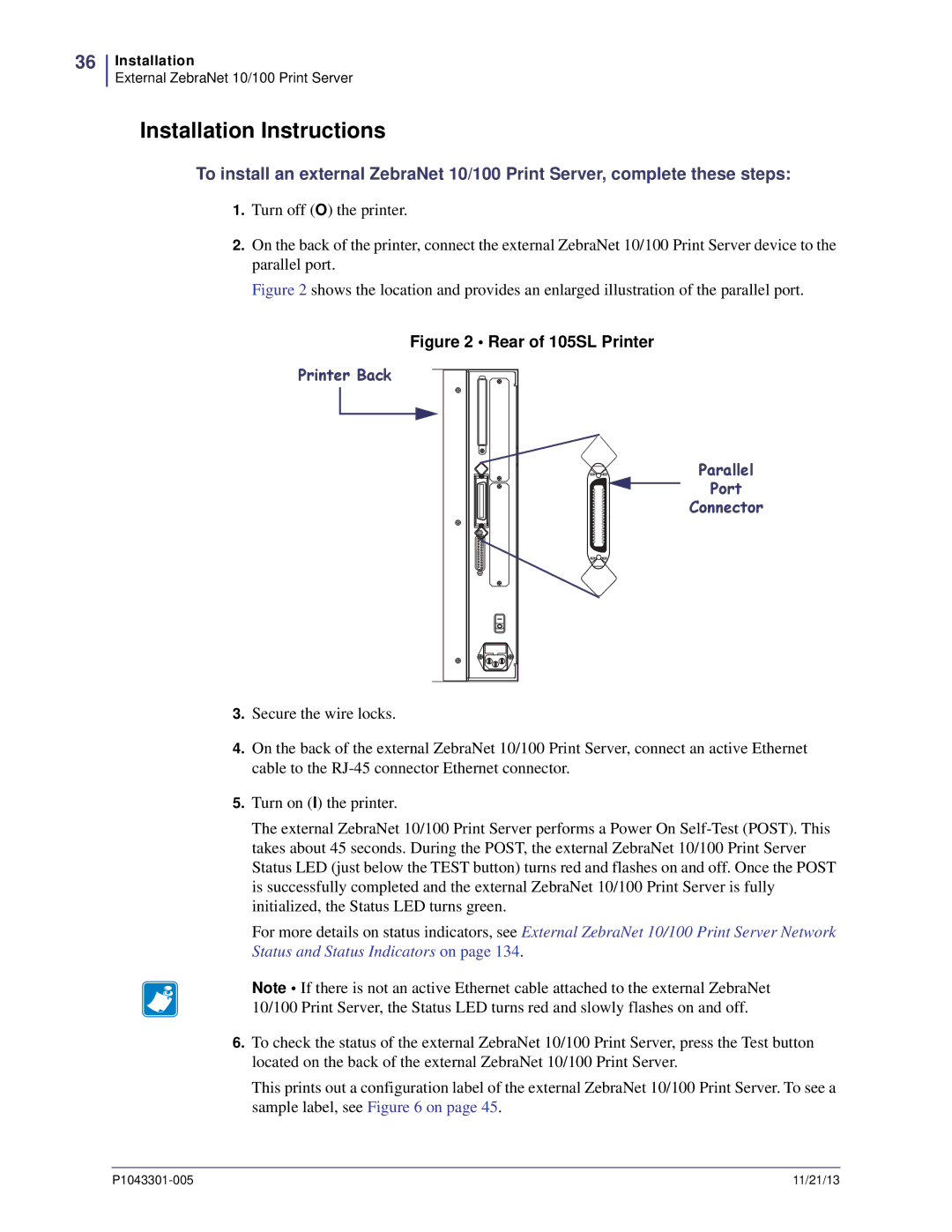 Zebra Technologies P1043301-005 manual Installation Instructions, Rear of 105SL Printer 