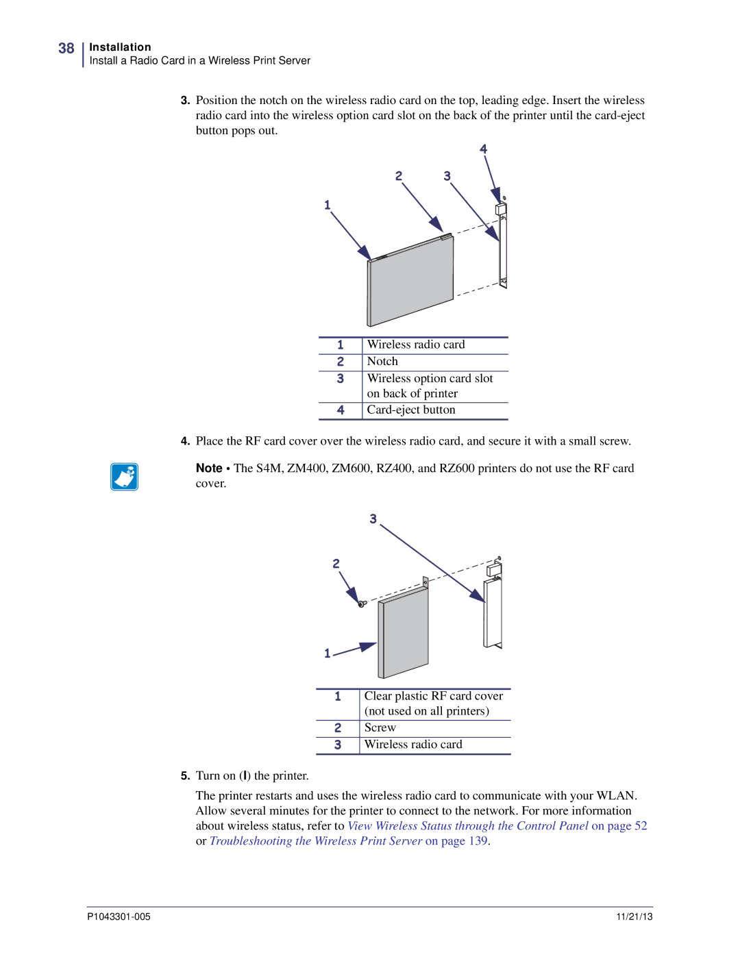 Zebra Technologies P1043301-005 manual Install a Radio Card in a Wireless Print Server 