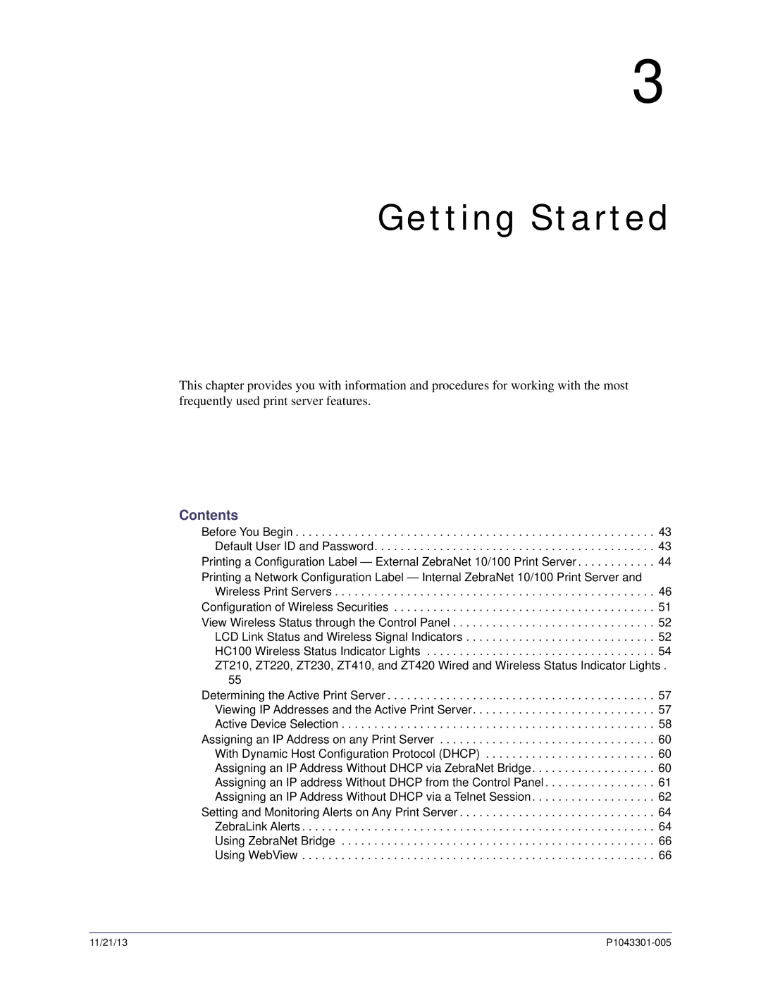 Zebra Technologies P1043301-005 manual Getting Started, Contents 