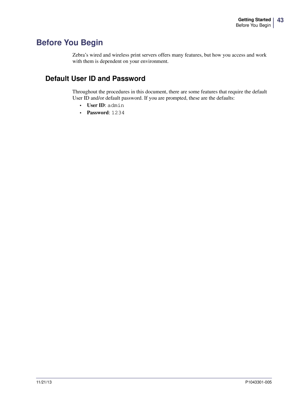 Zebra Technologies P1043301-005 manual Before You Begin, Default User ID and Password, User ID admin Password 
