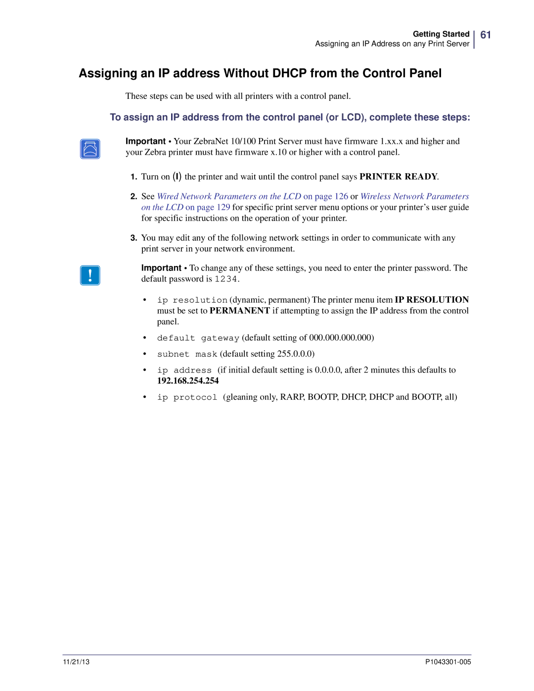 Zebra Technologies P1043301-005 manual Assigning an IP address Without Dhcp from the Control Panel, 192.168.254.254 