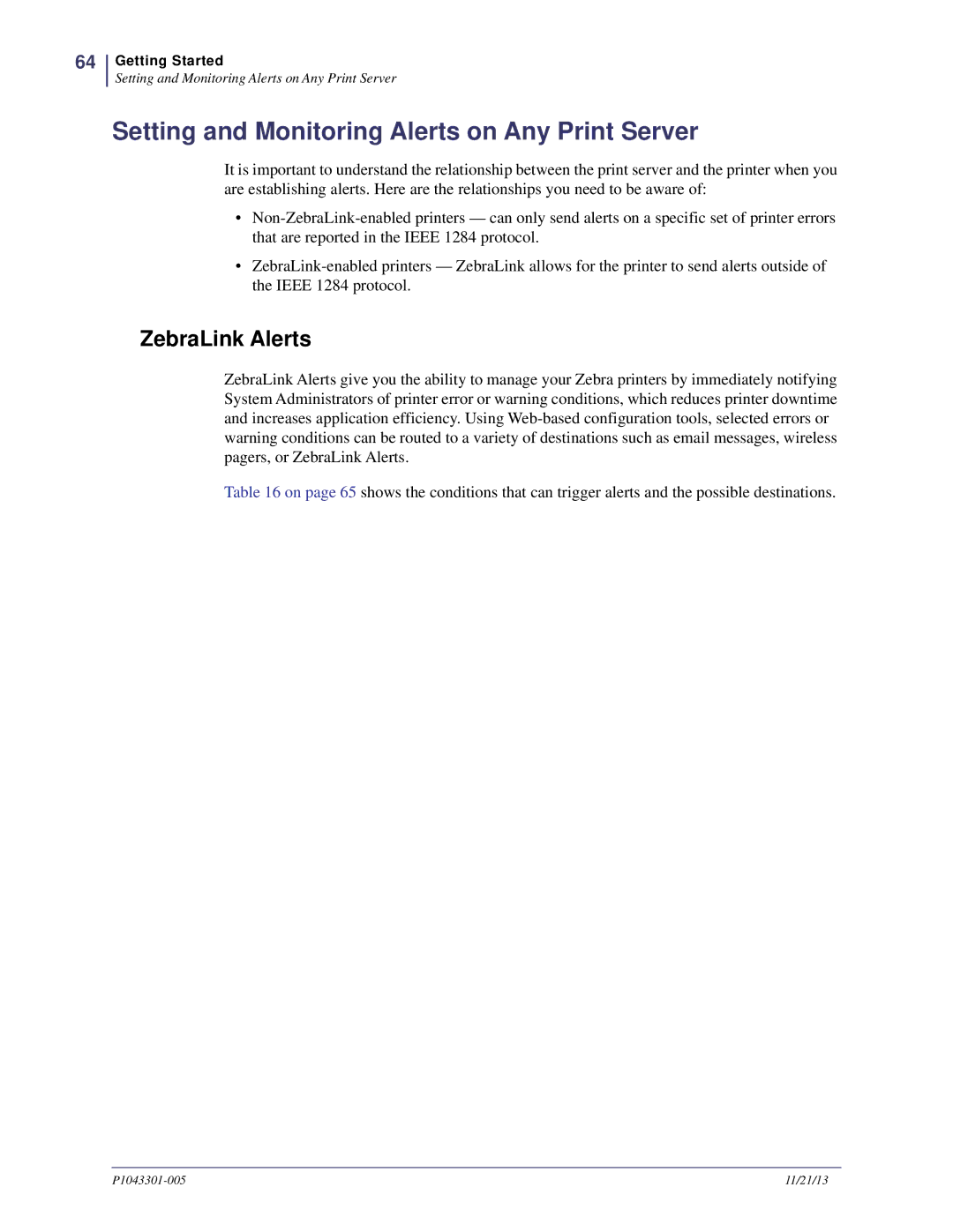 Zebra Technologies P1043301-005 manual Setting and Monitoring Alerts on Any Print Server, ZebraLink Alerts 