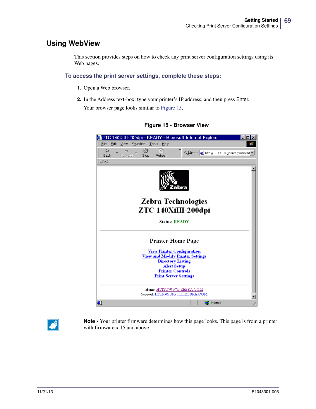 Zebra Technologies P1043301-005 manual To access the print server settings, complete these steps, Browser View 