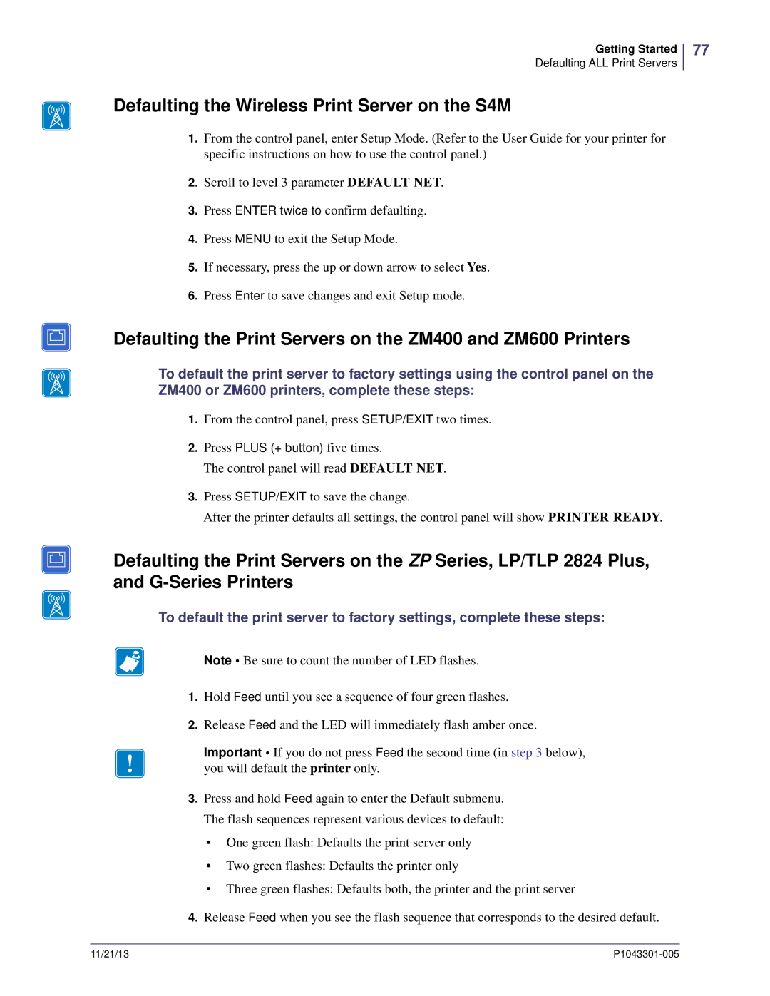 Zebra Technologies P1043301-005 manual Defaulting the Wireless Print Server on the S4M 