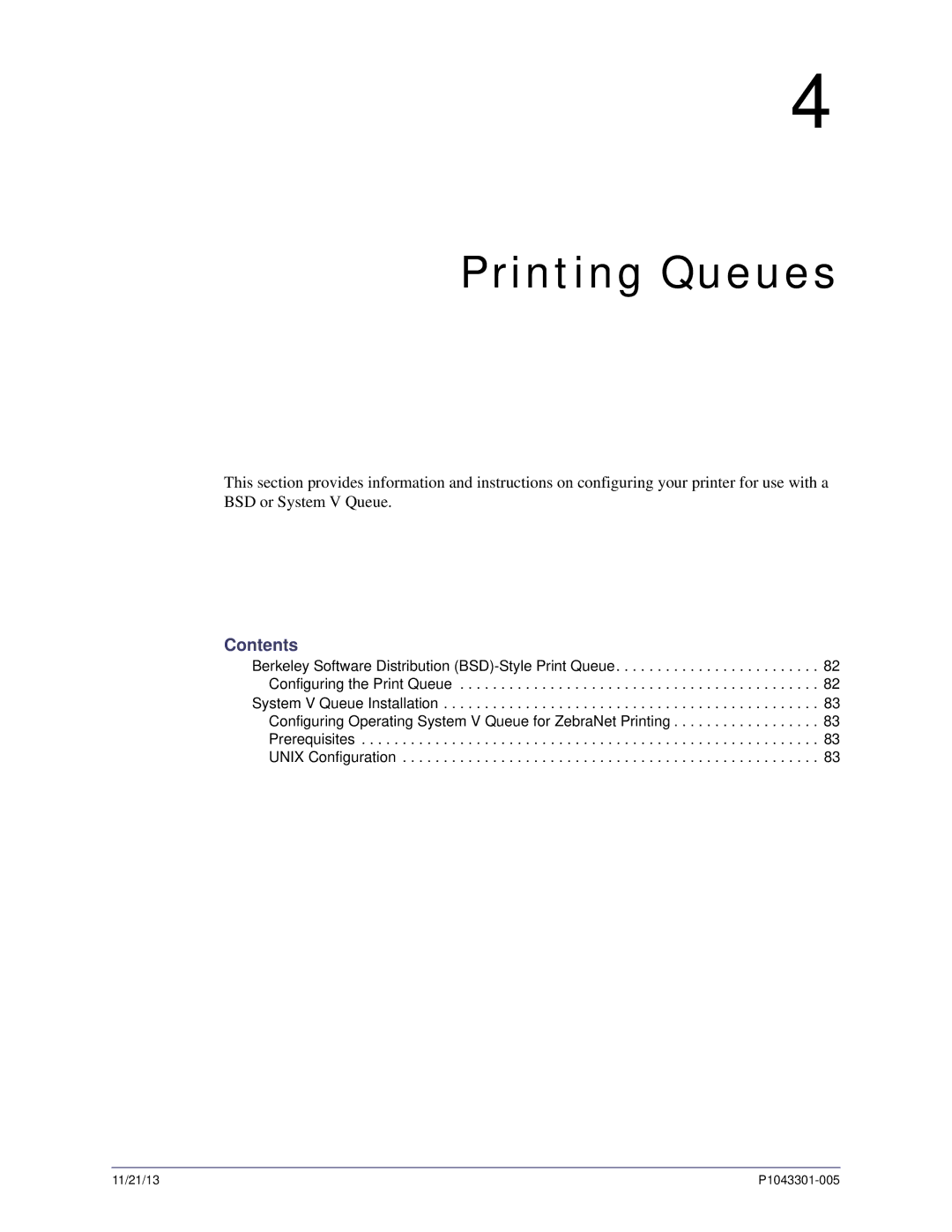 Zebra Technologies P1043301-005 manual Printing Queues, Contents 