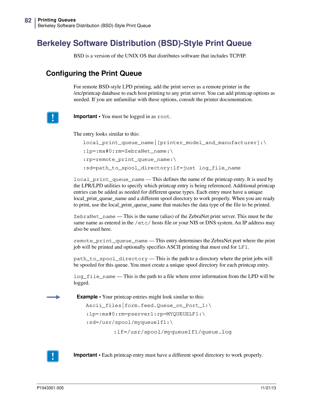 Zebra Technologies P1043301-005 manual Berkeley Software Distribution BSD-Style Print Queue, Configuring the Print Queue 