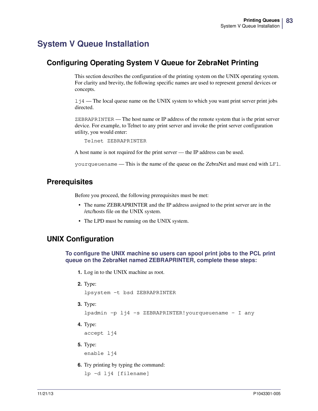 Zebra Technologies P1043301-005 System V Queue Installation, Configuring Operating System V Queue for ZebraNet Printing 