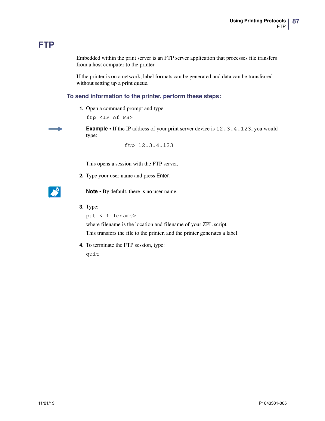 Zebra Technologies P1043301-005 manual Ftp, To send information to the printer, perform these steps 