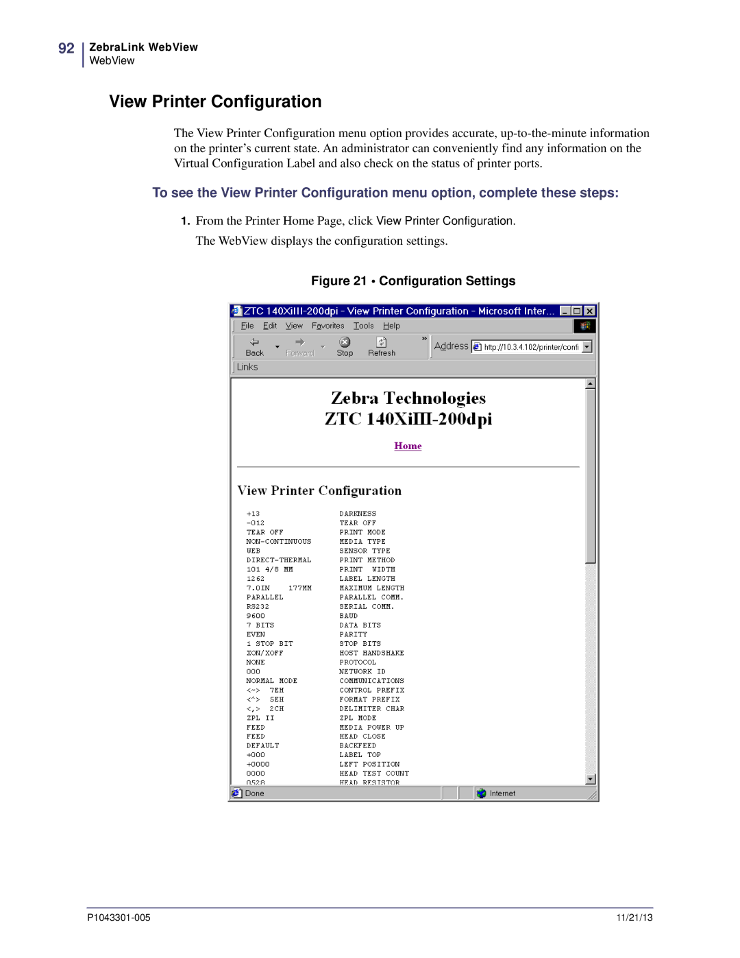 Zebra Technologies P1043301-005 manual View Printer Configuration, Configuration Settings 