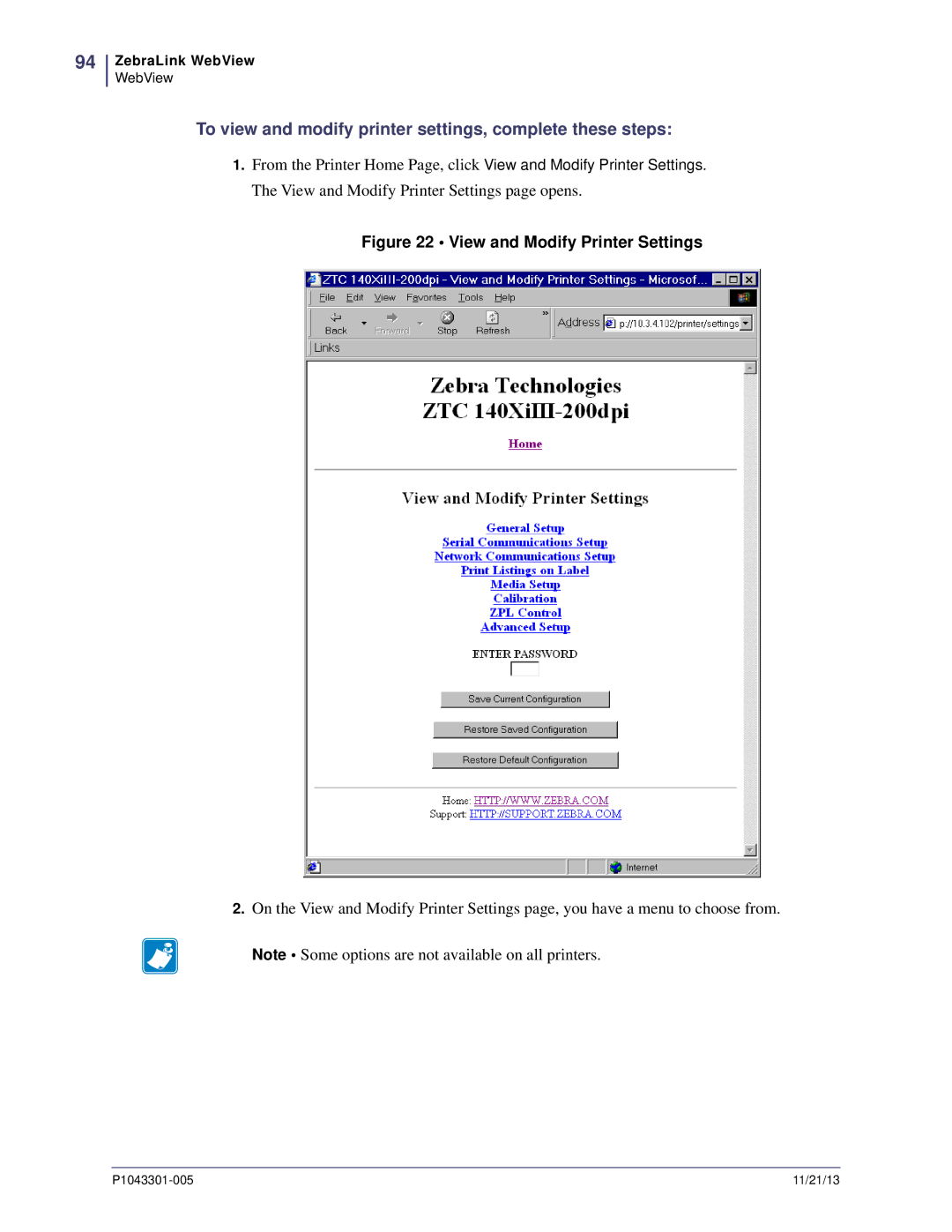 Zebra Technologies P1043301-005 manual To view and modify printer settings, complete these steps 