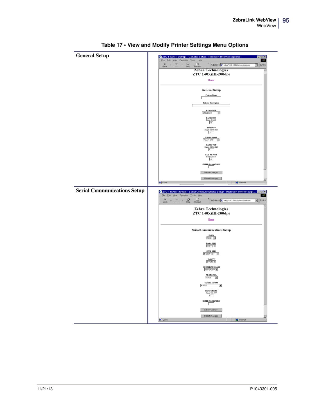 Zebra Technologies P1043301-005 View and Modify Printer Settings Menu Options, General Setup Serial Communications Setup 