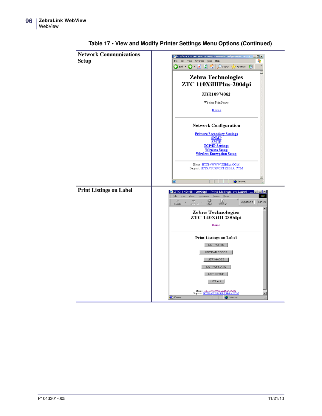 Zebra Technologies P1043301-005 manual Network Communications Setup Print Listings on Label 