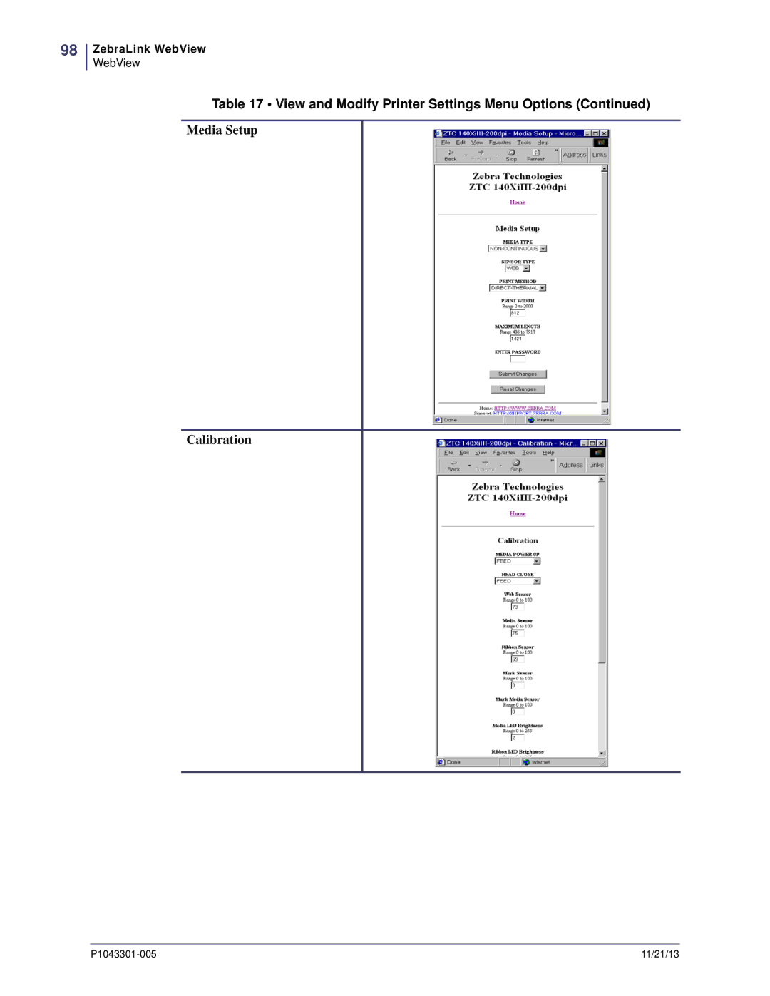 Zebra Technologies P1043301-005 manual Media Setup Calibration 