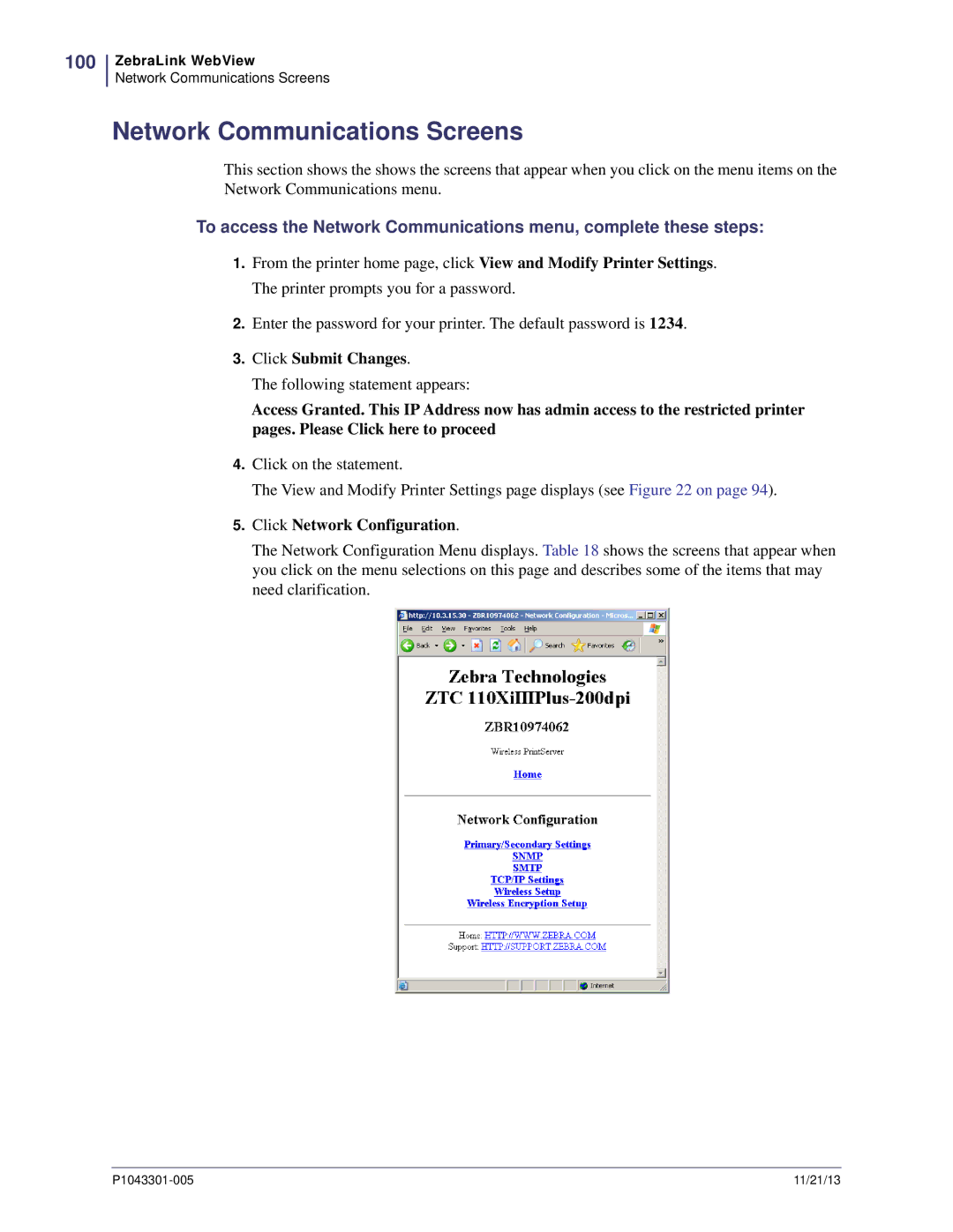 Zebra Technologies P1043301-005 Network Communications Screens, 100, Click Submit Changes, Click Network Configuration 