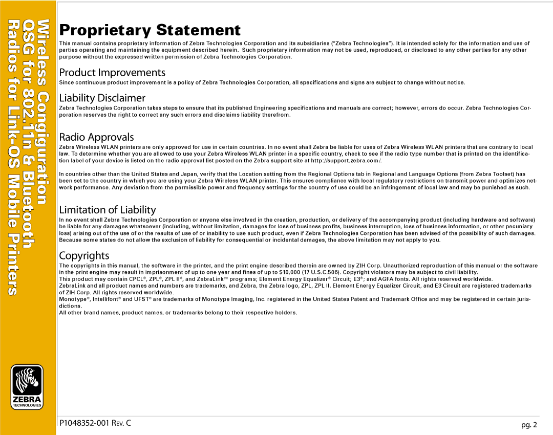 Zebra Technologies P1048352-001 manual Proprietary Statement, Product Improvements 