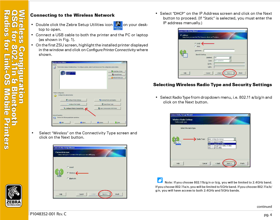 Zebra Technologies P1048352-001 Connecting to the Wireless Network, Selecting Wireless Radio Type and Security Settings 