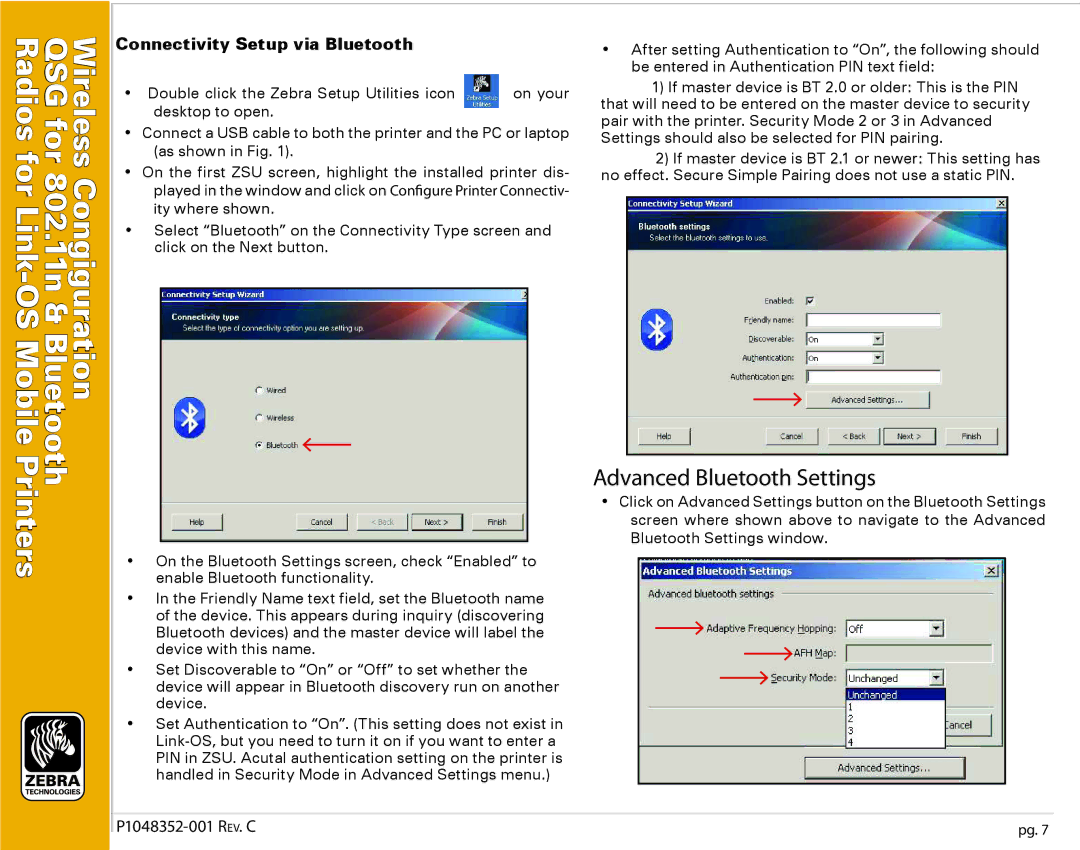 Zebra Technologies P1048352-001 manual Advanced Bluetooth Settings, Connectivity Setup via Bluetooth 