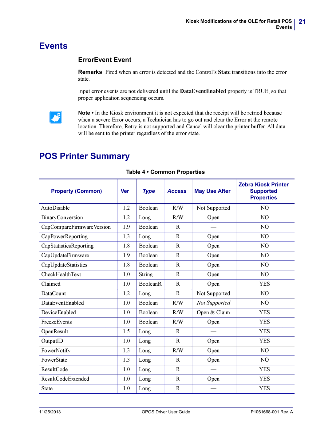 Zebra Technologies P1061668-001 manual Events, POS Printer Summary 