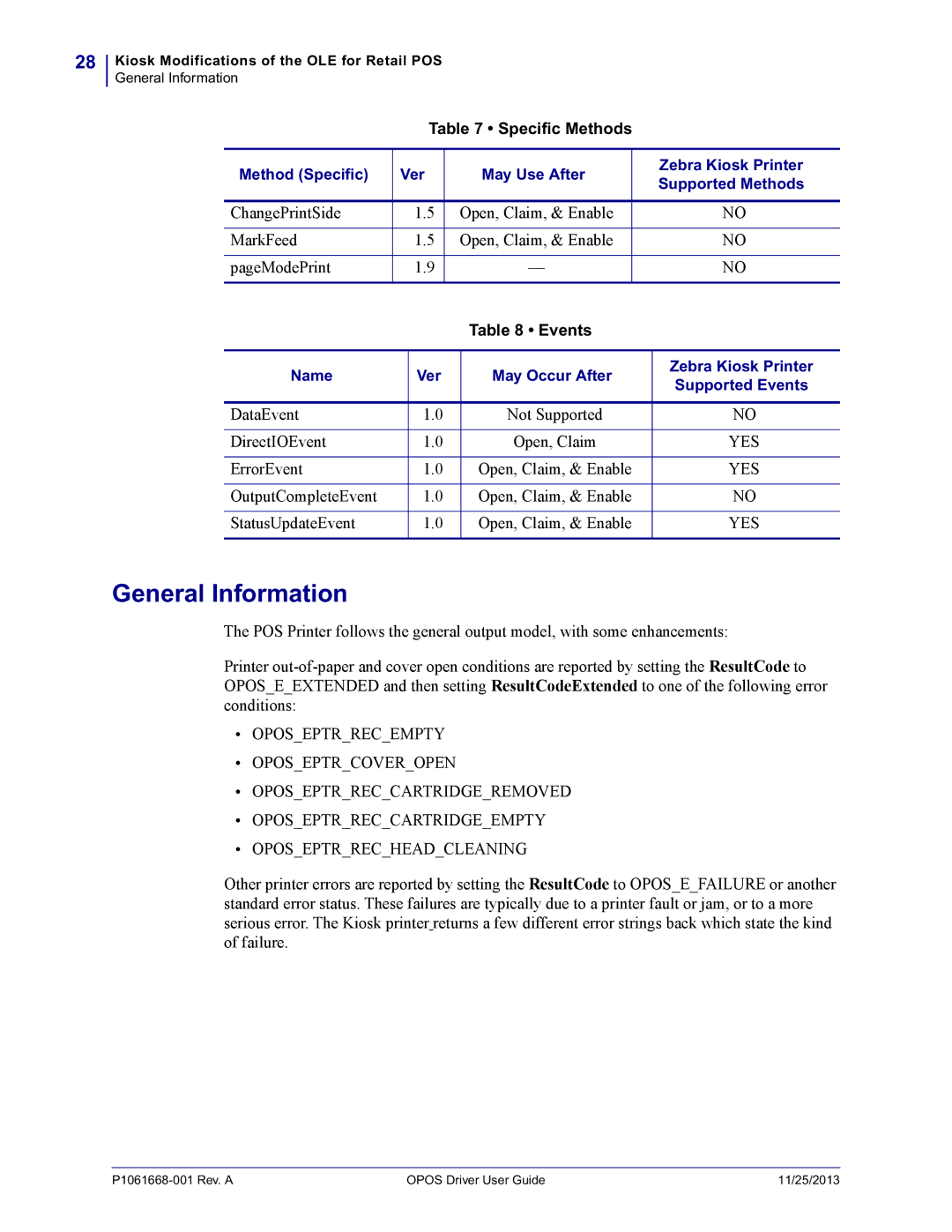 Zebra Technologies P1061668-001 manual General Information, Events 