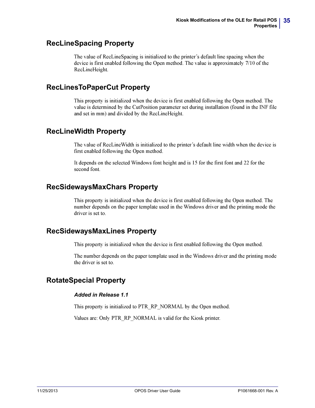 Zebra Technologies P1061668-001 manual RecLineSpacing Property, RecLinesToPaperCut Property, RecLineWidth Property 