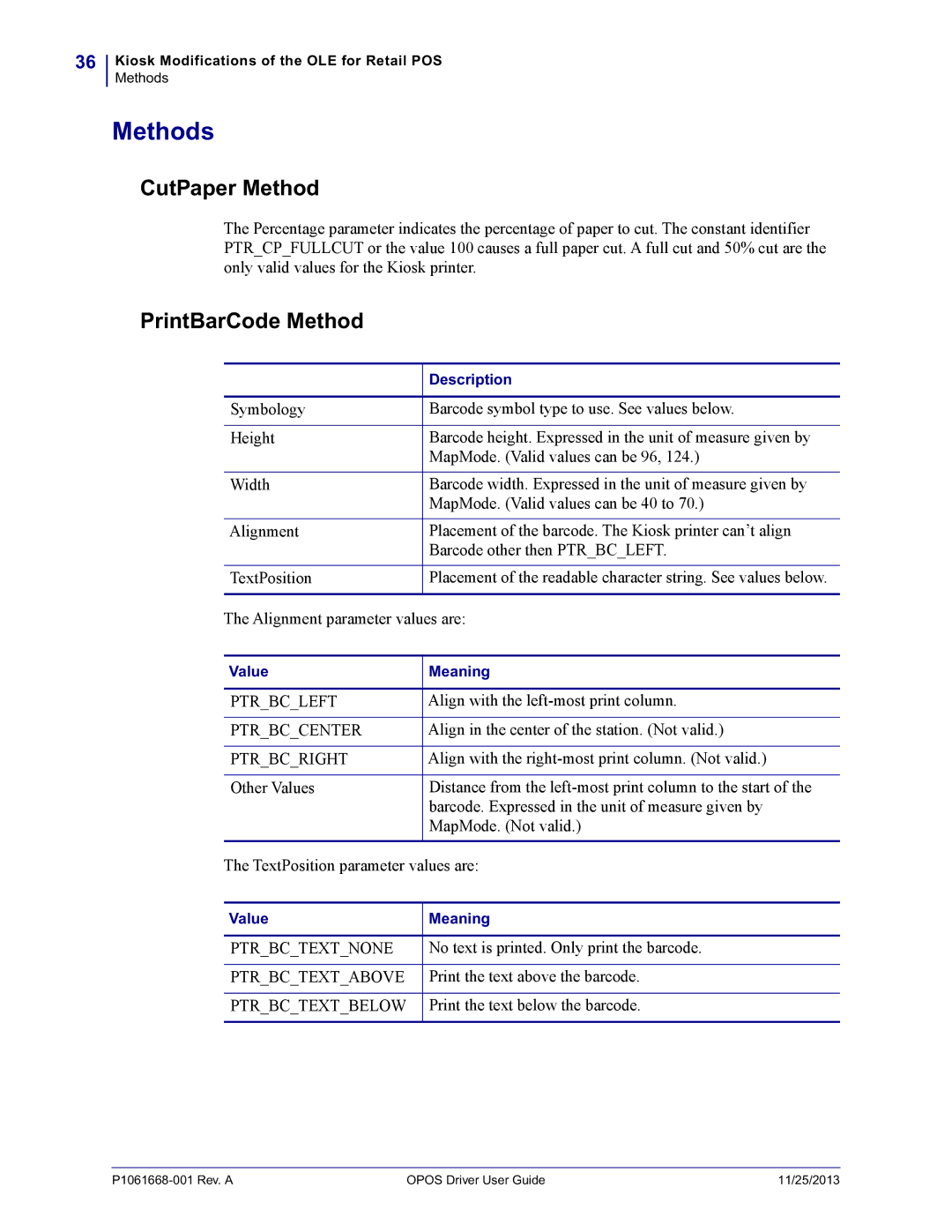 Zebra Technologies P1061668-001 manual Methods, CutPaper Method, PrintBarCode Method 