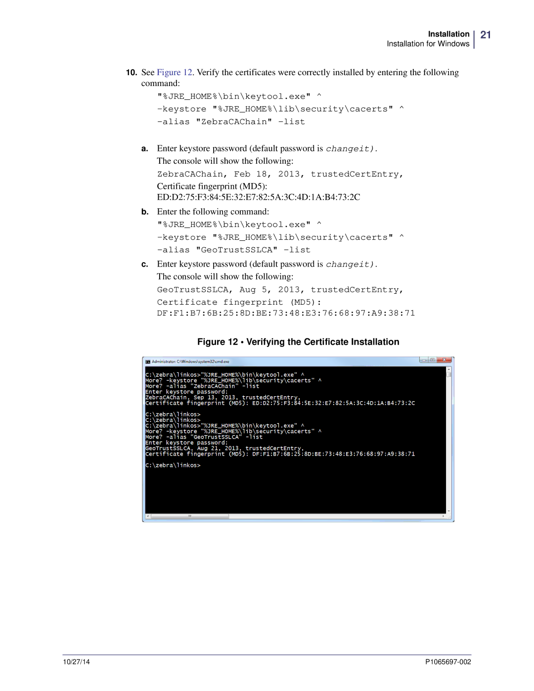 Zebra Technologies P1065697-002 manual Verifying the Certificate Installation 