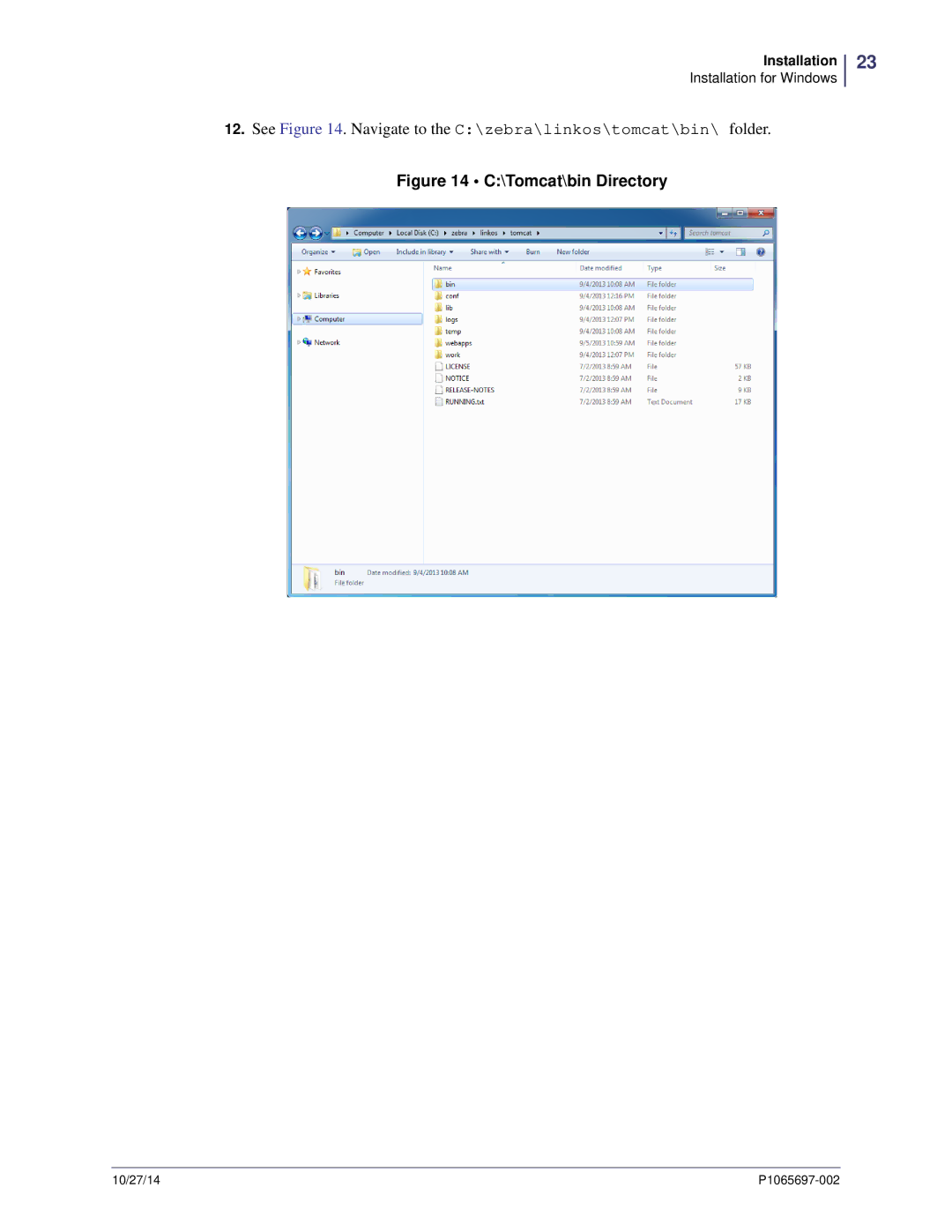 Zebra Technologies P1065697-002 manual Tomcat\bin Directory 