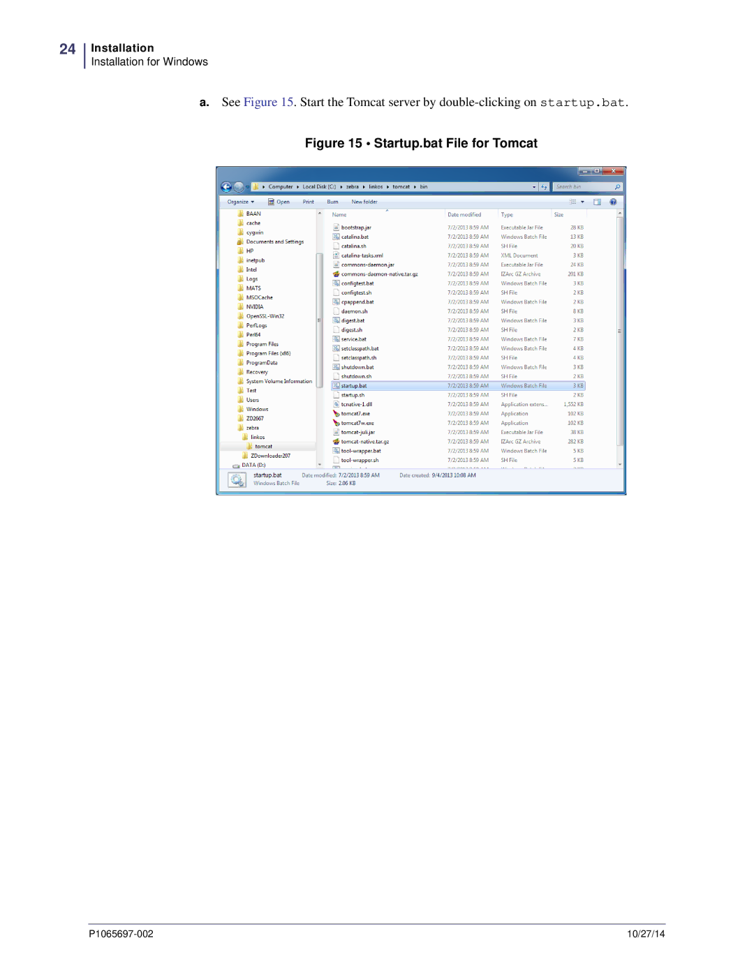 Zebra Technologies P1065697-002 manual Startup.bat File for Tomcat 