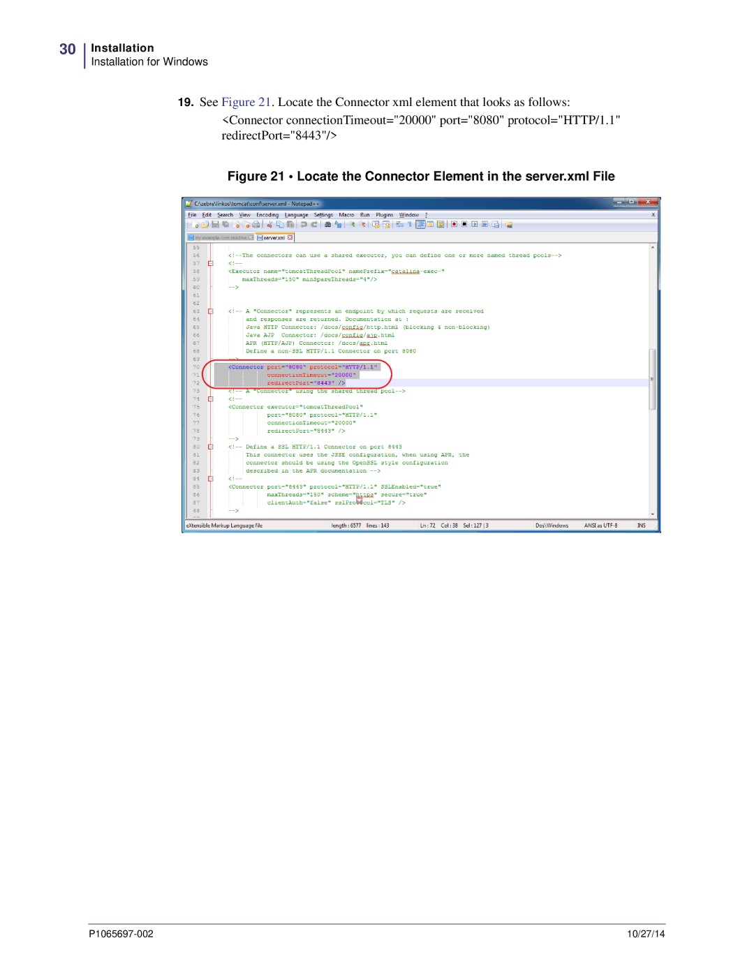 Zebra Technologies P1065697-002 manual Locate the Connector Element in the server.xml File 