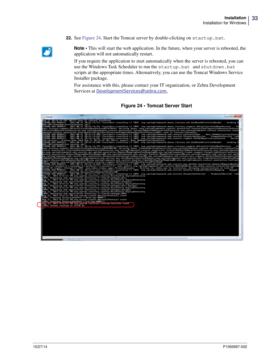 Zebra Technologies P1065697-002 manual Tomcat Server Start 