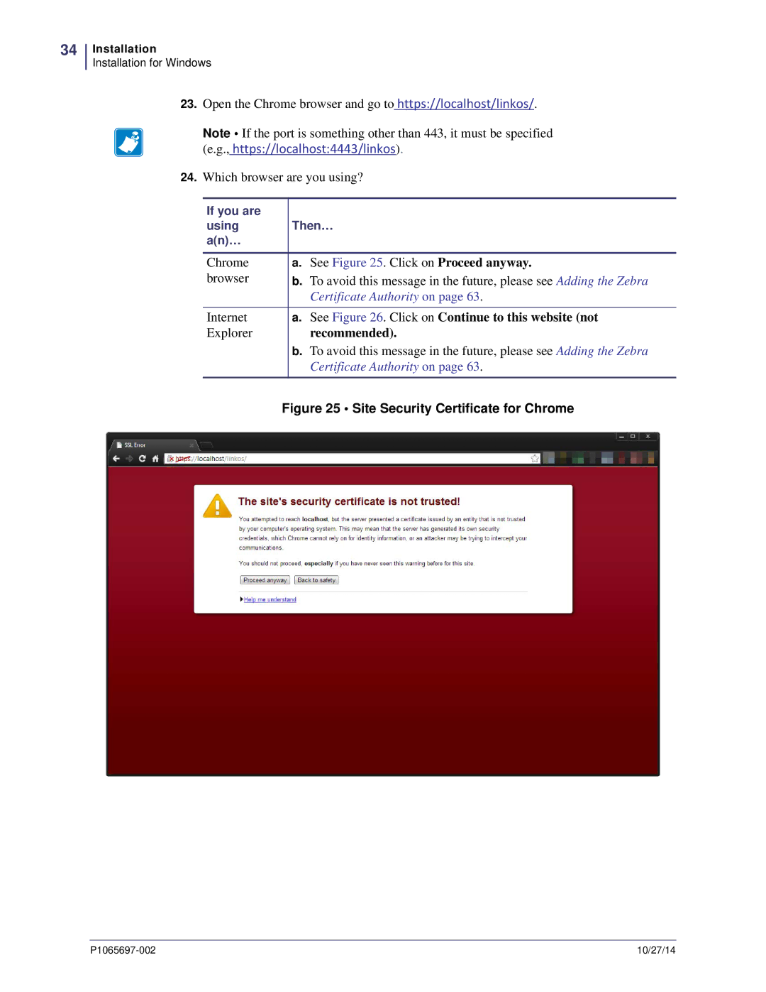 Zebra Technologies P1065697-002 manual Site Security Certificate for Chrome 