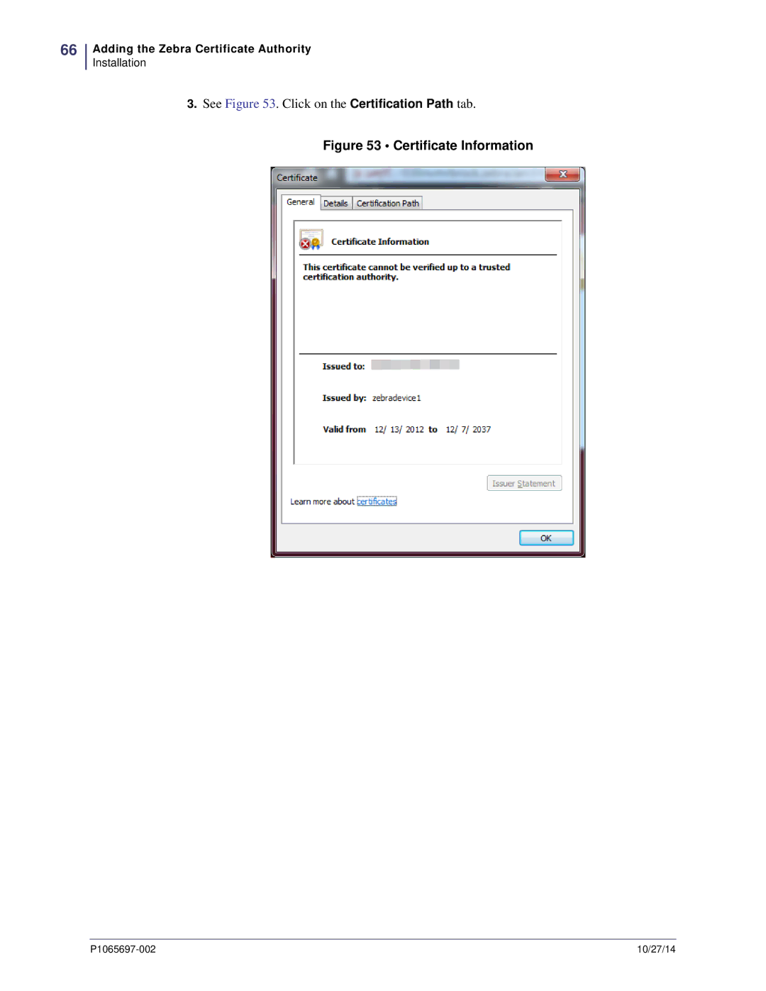 Zebra Technologies P1065697-002 manual Certificate Information 
