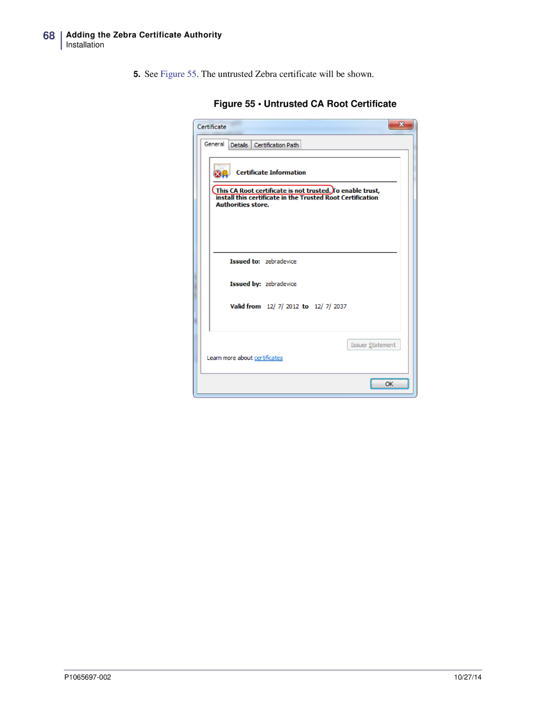 Zebra Technologies P1065697-002 manual Untrusted CA Root Certificate 